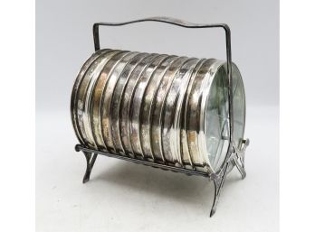 12 Vintage Silver Plated  Coasters W/ Rack