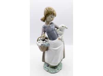 Lladro- #4591 Girl W/ Lamb And Flowers  - Porcelain Figurine - Made In Spain