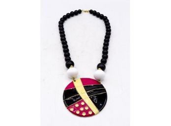 Vintage Chunky Necklace - Huge Enamel Painted Medallion - Retro - Black Beads