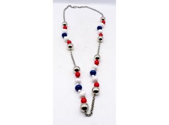 Vintage 60s Hippy Long Necklace - Festive Red White And Blue Beads