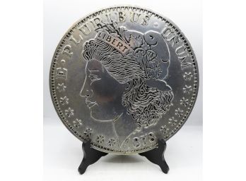 Large 1890 Morgan Silver Dollar - RWP - Pewter Dish - Pluribus Unum 1878