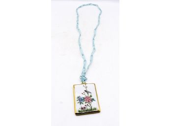 Necklace - Porcelain Pendant W/ Gold Trim - Bird & Flowers -