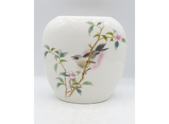 Vintage Porcelain Vase W/ Finch Bird & Dogwood Flowers - Made In Japan - Gold Trim