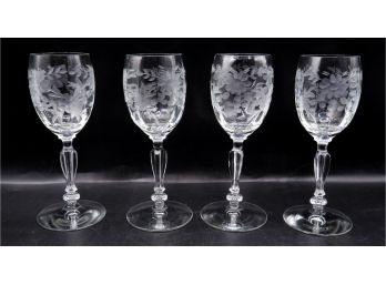 Lot Of 4 Wine Glasses Etched W/ Flowers
