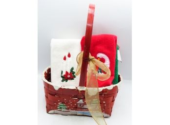 Christmas Themed Wicker Basket W/ 3 Christmas Hand Towels