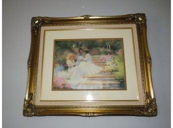Lovely Print Of Ladies Sitting On Steps In A Floral Garden Park With Custom Gold Gilt Ornate Framed & Matted