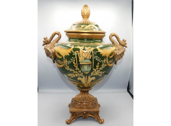 Decorative Hand-painted Ceramic Urn With Resin Base And Lid