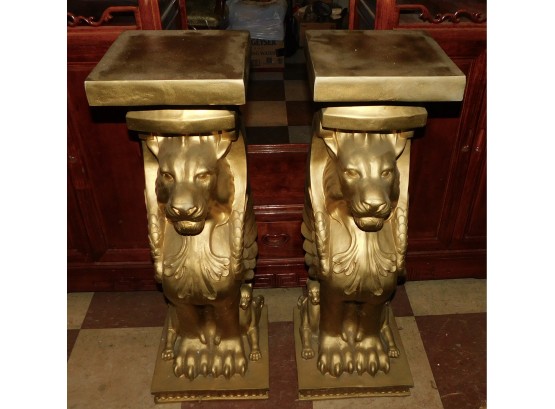 Gryphon Lion Resin Gilt Painted Pedestals - Pair