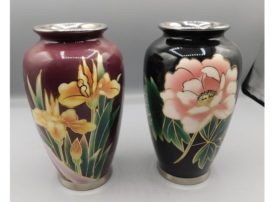 Ceramic Floral Design Cloisonne Vases Set Of Two