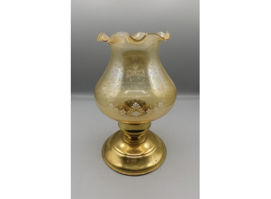 Vintage Brass Tea Light Holder With Floral Pattern Glass Globe
