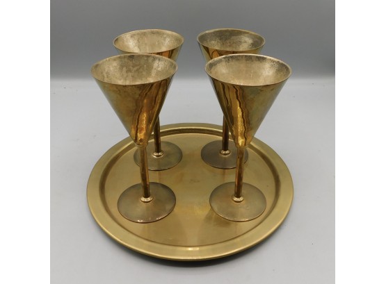 Vintage Brass Goblet Serving Set With Tray - Made In India