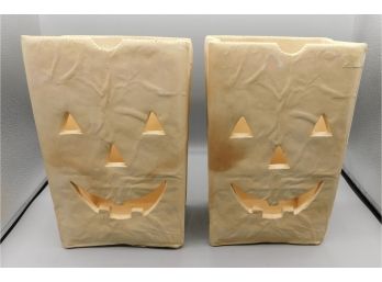 1989 Signed Ceramic Pottery Paper Bag Candle Holder Luminary Jack-o-lantern -R. Allen  Pair Of 2