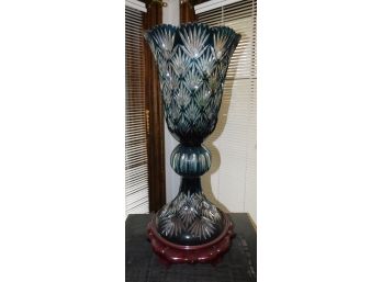 Decorative Cut Glass Vase With Wood Stand
