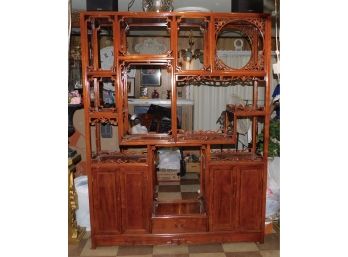 Lovely Asian Inspired Etagere Rosewood Motif Centerpiece With Cabinets And Drawer