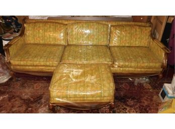 Vintage 1973 Flint & Horner Loraine Finish Sofa With Floral Pattern & Ottoman Plastic Covered