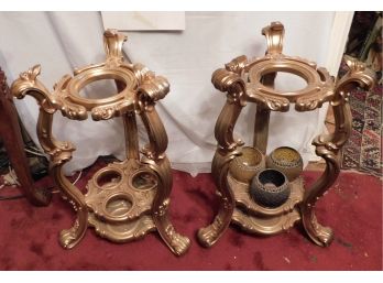 Resin Gold Tone Plant Stands With Three Tea Light Holders - Set Of Two