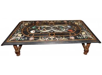 Vintage Black Marble Multi Stone Inlay Marquetry Art Table