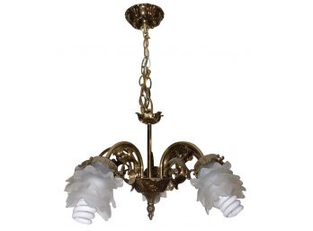 Polished Brass 5 Arm Frosted Glass Rose Style Chandelier