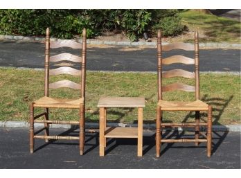 Ladder Back Cane Wooden Chairs And Table Set Of 3pcs