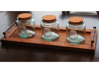 Tabletop Glass Cookie Jar Set W/ Cork Lids & Wood Tray
