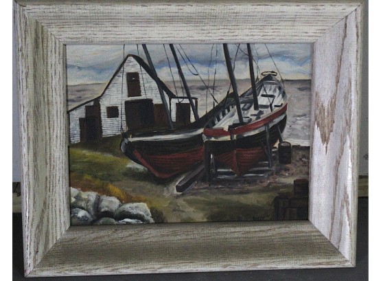 Framed Boat/Dock/House Oil Painting Signed By Sully
