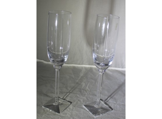 Hawkes Style Square Base Pair Of Crystal Glass Champagne Glasses