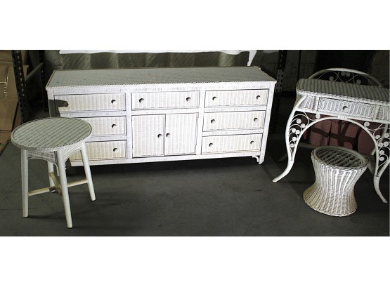 White Wicker Bedroom Set With Dresser, Vanity, And Mirror
