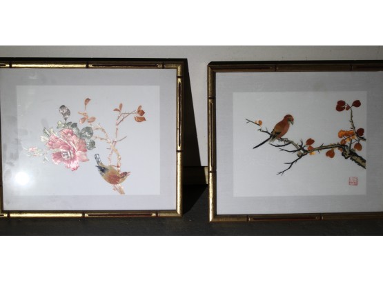 FINE Pair VINTAGE ASIAN SILK EMBROIDERED ARTWORKS BIRDS FLOWERS Bamboo Frames