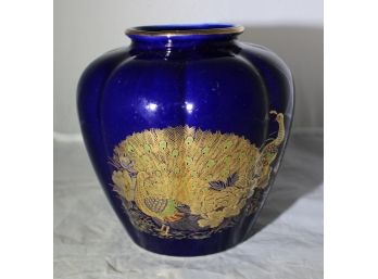 Vintage Colbalt Blue Vase With Painted Peacock Gold Leaf Rim