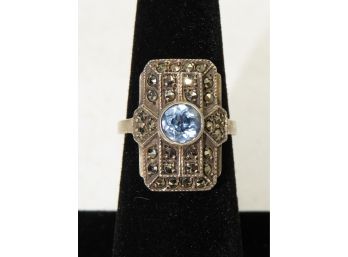 Sterling Silver Ring With Marcasite & Aquamarine Stone - Size 6.75