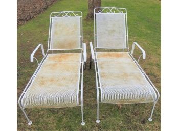 Metal Lounge Chairs (white) With Back Wheels & Blue/white Striped Cushions - Set Of 2