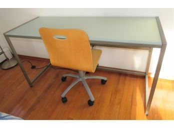 Office Desk & Chair - Frosted Glass/metal Desk & Adjustable Wood Chair
