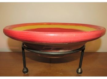 Clay Bowl - Hand Painted Red/yellow Bowl With Metal Stand