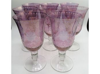 Crystal Wine Glasses - Tinted Lavender Etched Glasses - Set Of 8