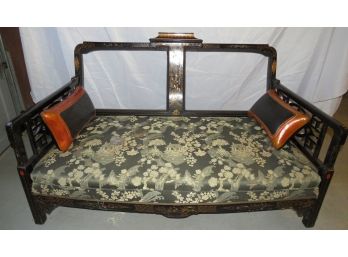 Chinoiserie French Loveseat - Inlay Black Wood With Floral Upholstered Seat & Leather Pillows