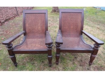 Pottery Barn Indoor/outdoor Cane Teak Wood Arm Chairs - Set Of 2