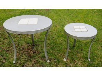 Outdoor Tables - Silver Metal Tables With Inlay Accents - Set Of 2