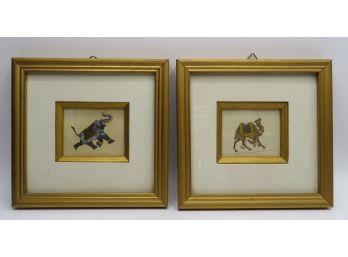 Miniature Paintings - Elephant & Camel Gold Framed Art - Set Of 2