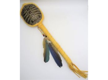 Native American Ceremonial Rattle Turtle Shell, Leather Wrapped Dance Stick With Feathers & Beads