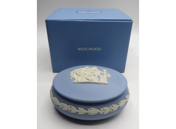 Wedgwood White On Blue Oval Trinket Box - In Box