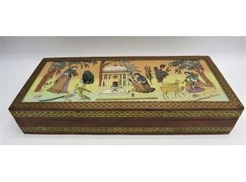 Ornate Wood & Brass Box With Painted Glass Top & Blue Lining - From India