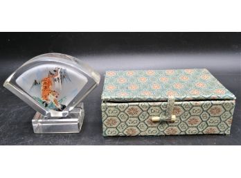 Hand Painted Tiger In Glass Chinese Fan With Base - In Original Box