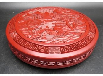 Vtg Chinese Calligraphy Tools Set Carved Red Cinnabar Style Lacquer Round Lidded Box