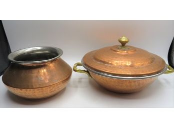 Copper Rice Bowl With Lid And Curry Bowl - Made In India - Set Of 2