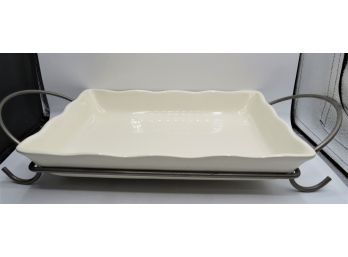 Homeware White Ceramic Rectangular Dish With Metal Serving Holder