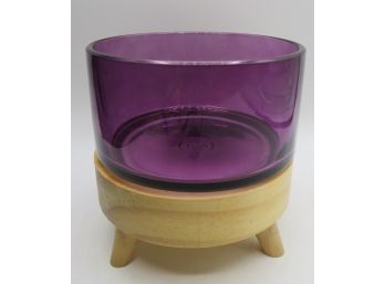Home DM Candle Holder - Purple Glass With Wood Base
