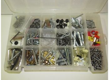 Hardware - Assorted Screws, Nails, Rivets, Allen Keys, Mollys- In Plastic Organizer Box