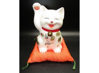 Japanese White Lucky Cat With Pillow