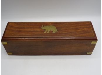 Brass Inlay Elephant Rectangular Wood Box - Made In India