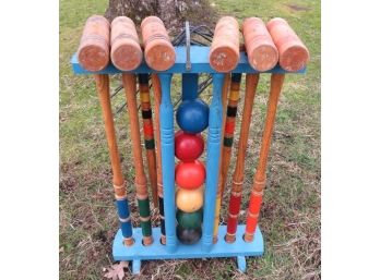 Croquet Set - Vintage Croquet Mallets, Balls, Hooks And Holder - 6 Player